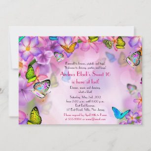 Fantasy Butterflies Flowers Sweet 16 Invitation Kaart