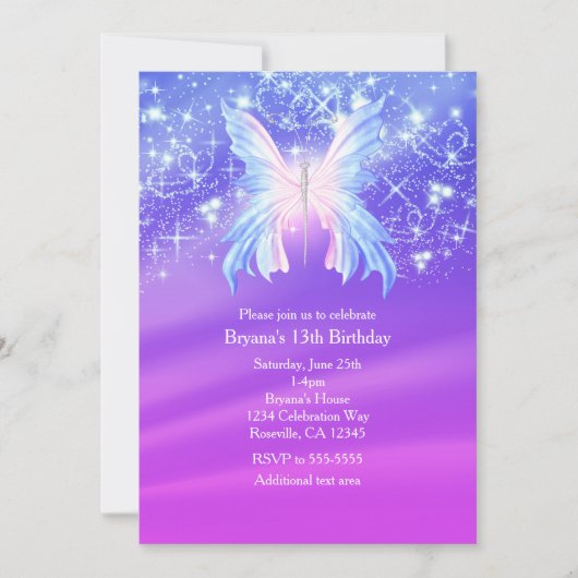Fantasy Butterfly Pink & Paarse Sparkle Party Kaart (Voorkant)