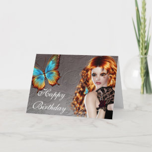 Fantasy Butterfly Redhead Woman Birthday Kaart