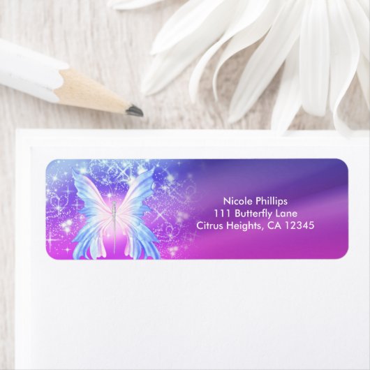 Fantasy Butterfly Roze en Paarse Sparkle Etiket (Insitu)