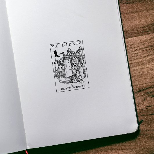 Fantasy Castle Dragon,  ex libris boek Rubberstempel
