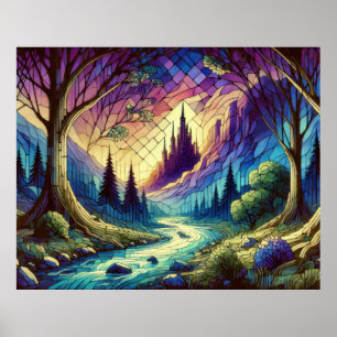 Fantasy Castle met betoverd bos en rivier Poster