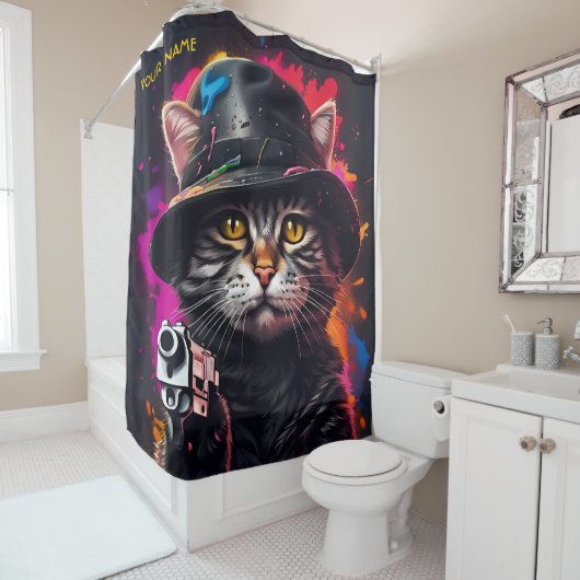 Fantasy Cat Gangster Pistool Douchegordijn (In situ)