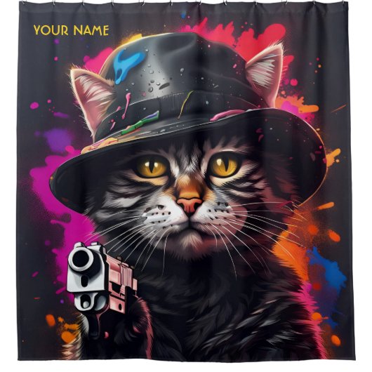 Fantasy Cat Gangster Pistool Douchegordijn (Voorkant)