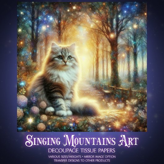 Fantasy Cat in a Floral Woodland Garden Decoupage  Tissuepapier