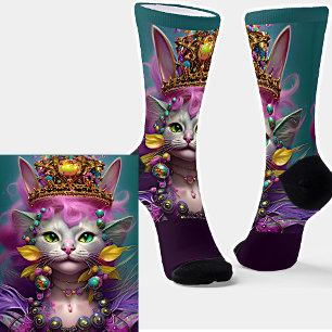 Fantasy Cat Princess Queen met Gold Crown op Aqua Sokken