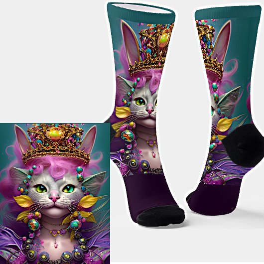 Fantasy Cat Princess Queen met Gold Crown op Aqua Sokken