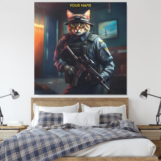 Fantasy Cat Soldier Beveiliging Canvas Afdruk (Insitu (Slaapkamer))