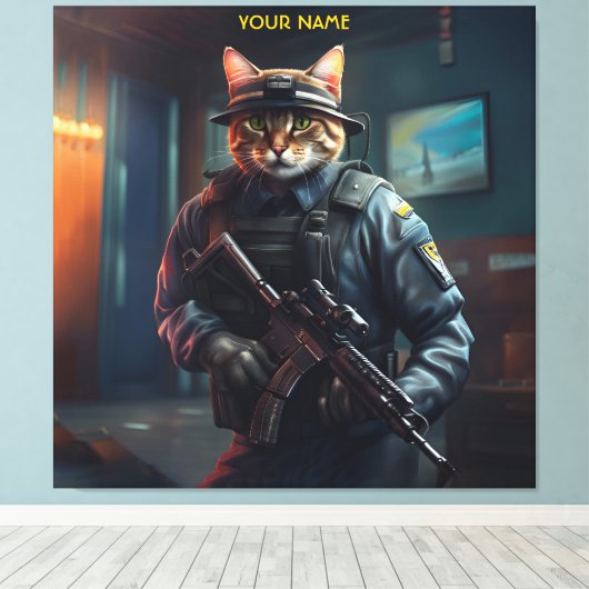 Fantasy Cat Soldier Beveiliging Canvas Afdruk (Insitu (Houten vloer))