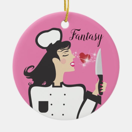 Fantasy chef-kok vs reality kok culinaire kerst keramisch ornament (Voorkant)