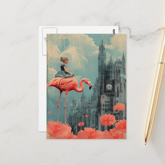 Fantasy Child rijdt op een roze flamingo Briefkaart (Voorkant / Achterkant in situ)