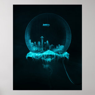 Fantasy City in een Snowglobe met een Blimp Poster