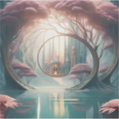 Fantasy City Seen Thru A Blue Lake And Pink Trees Sticker (Voorkant)