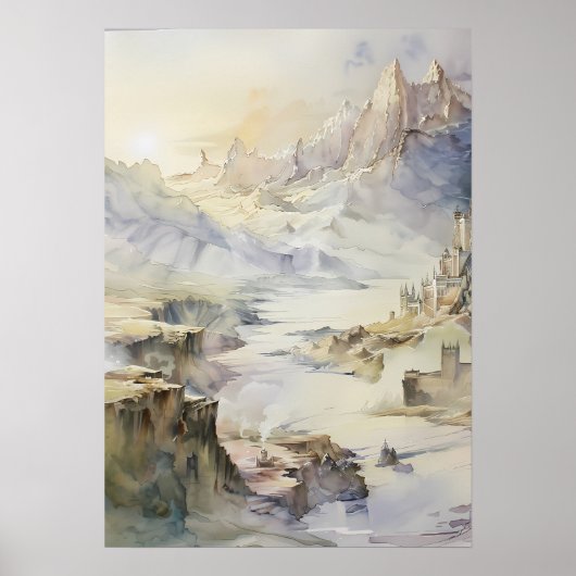 Fantasy Cliffside Fortress met uitzicht op het Zee Poster (Voorkant)