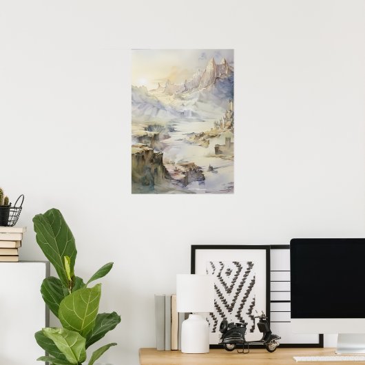 Fantasy Cliffside Fortress met uitzicht op het Zee Poster (Thuiskantoor)