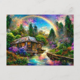 Fantasy Cottage mit Regenbogen und Blumen Briefkaart