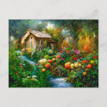 Fantasy Cottage mit üppigem Garten voller Blumen. 