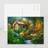 Fantasy Cottage mit üppigem Garten voller Blumen.  Briefkaart (Voorkant / Achterkant)