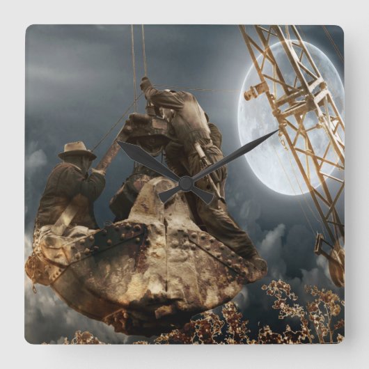 Fantasy Crane Operator Mannen in Bucket Trust Nigh Vierkante Klok (Voorkant)