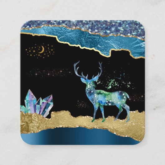 *~* Fantasy Crystal Deer Celestial Gold Glitter Vierkante Visitekaartje (Voorkant)