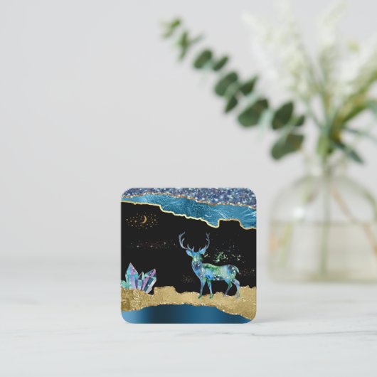 *~* Fantasy Crystal Deer Celestial Gold Glitter Vierkante Visitekaartje (Staand voorkant)