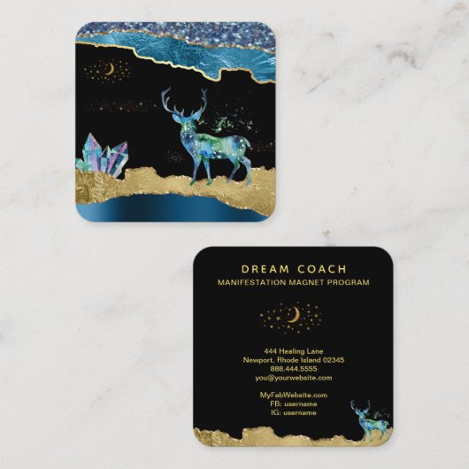 *~* Fantasy Crystal Deer Celestial Gold Glitter Vierkante Visitekaartje (Voorkant / Achterkant)