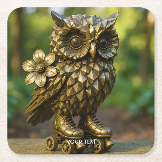 Fantasy Cute Brass Owl Skates Kartonnen Onderzetters (Voorkant)