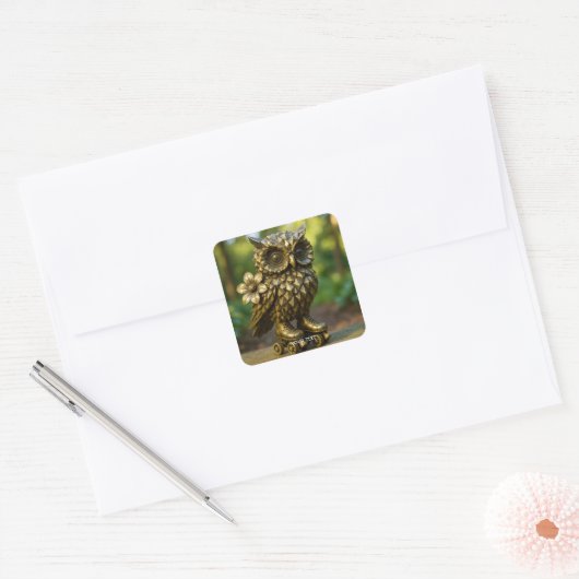 Fantasy Cute Brass Owl Skates Vierkante Sticker (Envelop)