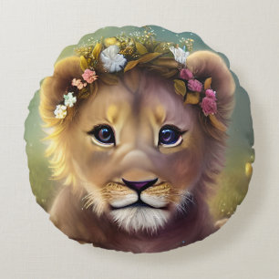 Fantasy Cute Kawaii baby lion cub Rond Kussen
