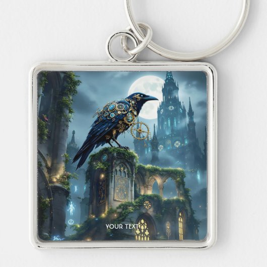 Fantasy Cute Klokwerk Raven Kathedraal Sleutelhanger (Voorkant)