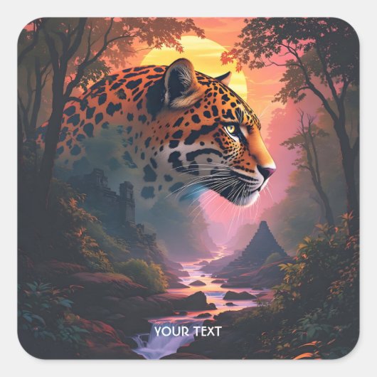 Fantasy Cute Luipaard Bij Zonsondergang Vierkante Sticker (Voorkant)