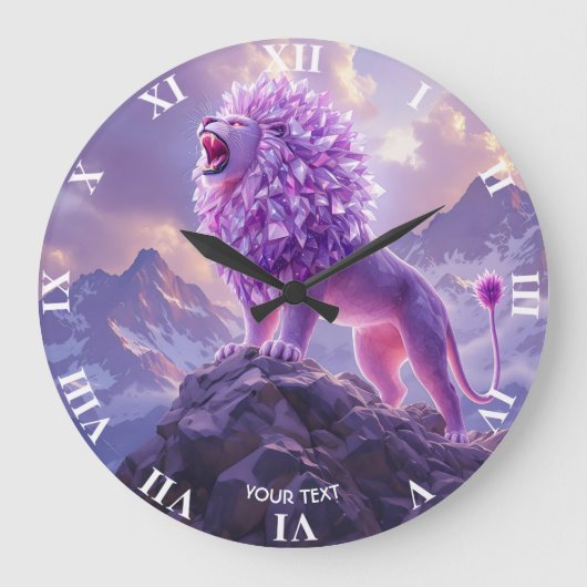 Fantasy Cute Paarse Amethist Leeuw Grote Klok (Voorkant)