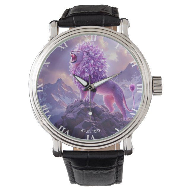 Fantasy Cute Paarse Amethist Leeuw Horloge (Voorkant)
