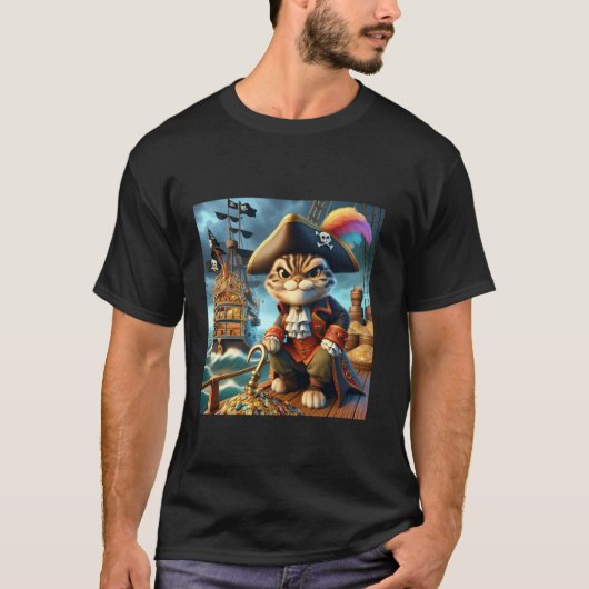 Fantasy Cute Piratenkat Schip T-shirt (Voorkant)