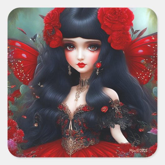 Fantasy Cute Red Fairy Princess Decoupage Vierkante Sticker (Voorkant)