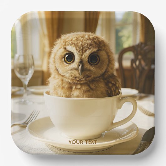 Fantasy Cute Tea Owl Baby Papieren Bordje (Voorkant)