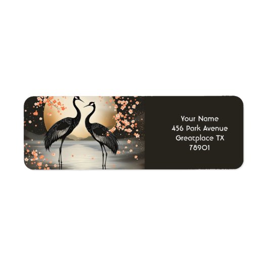 Fantasy Cute Twee Zwarte Kraanvogels Etiket (Voorkant)