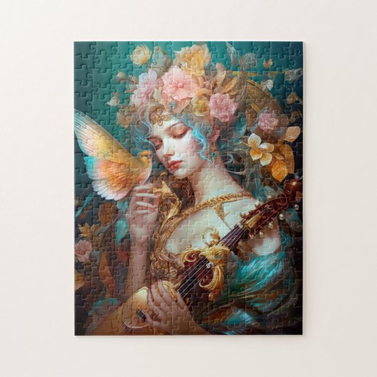 Fantasy dame met luit & vlinder vogel legpuzzel (Verticaal)