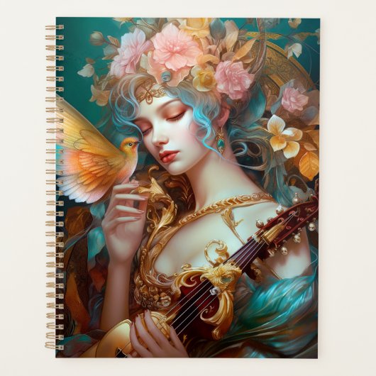 Fantasy dame met luit & vlinder vogel planner (Voorkant)