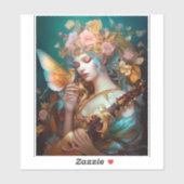 Fantasy dame met luit & vlinder vogel sticker (Vel)