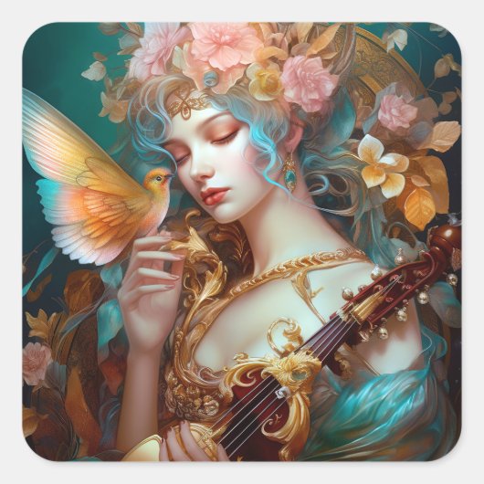 Fantasy dame met luit & vlinder vogel vierkante sticker (Voorkant)