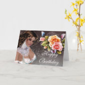 Fantasy Dark Skin Brunette met Roos Birthday Kaart (Gele Bloem)