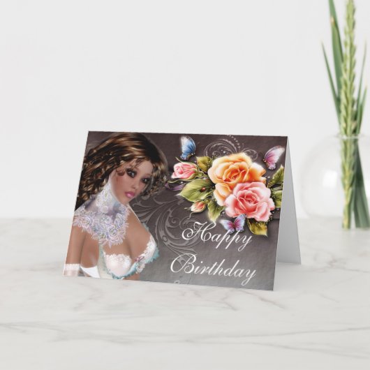 Fantasy Dark Skin Brunette met Roos Birthday Kaart (Voorkant)