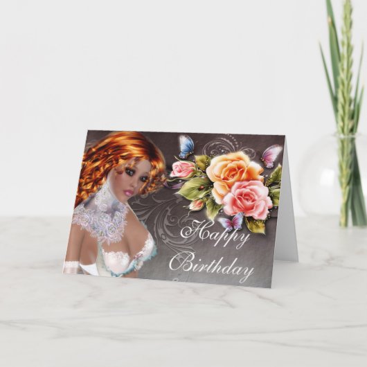 Fantasy Dark Skin Redhead met Rozen Birthday Kaart (Voorkant)