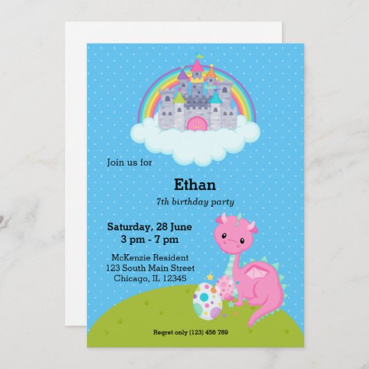 Fantasy Draak Kinderfeestje Kaart (Voorkant / Achterkant)