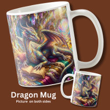 Fantasy-draak met boek en koffie in haar hol