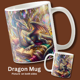 Fantasy-draak met boek en koffie in haar hol koffiemok