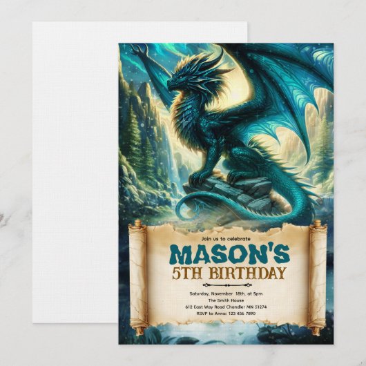 Fantasy Dragon Birthday Invitation Kaart (Voorkant / Achterkant)