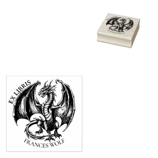  Fantasy Dragon Ex Libris Bibliotheek Boekplaat Rubberstempel (Gestempeld)