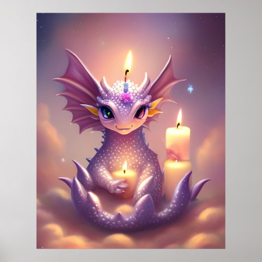Fantasy Dragon met Verjaardagskaarsen Poster (Voorkant)